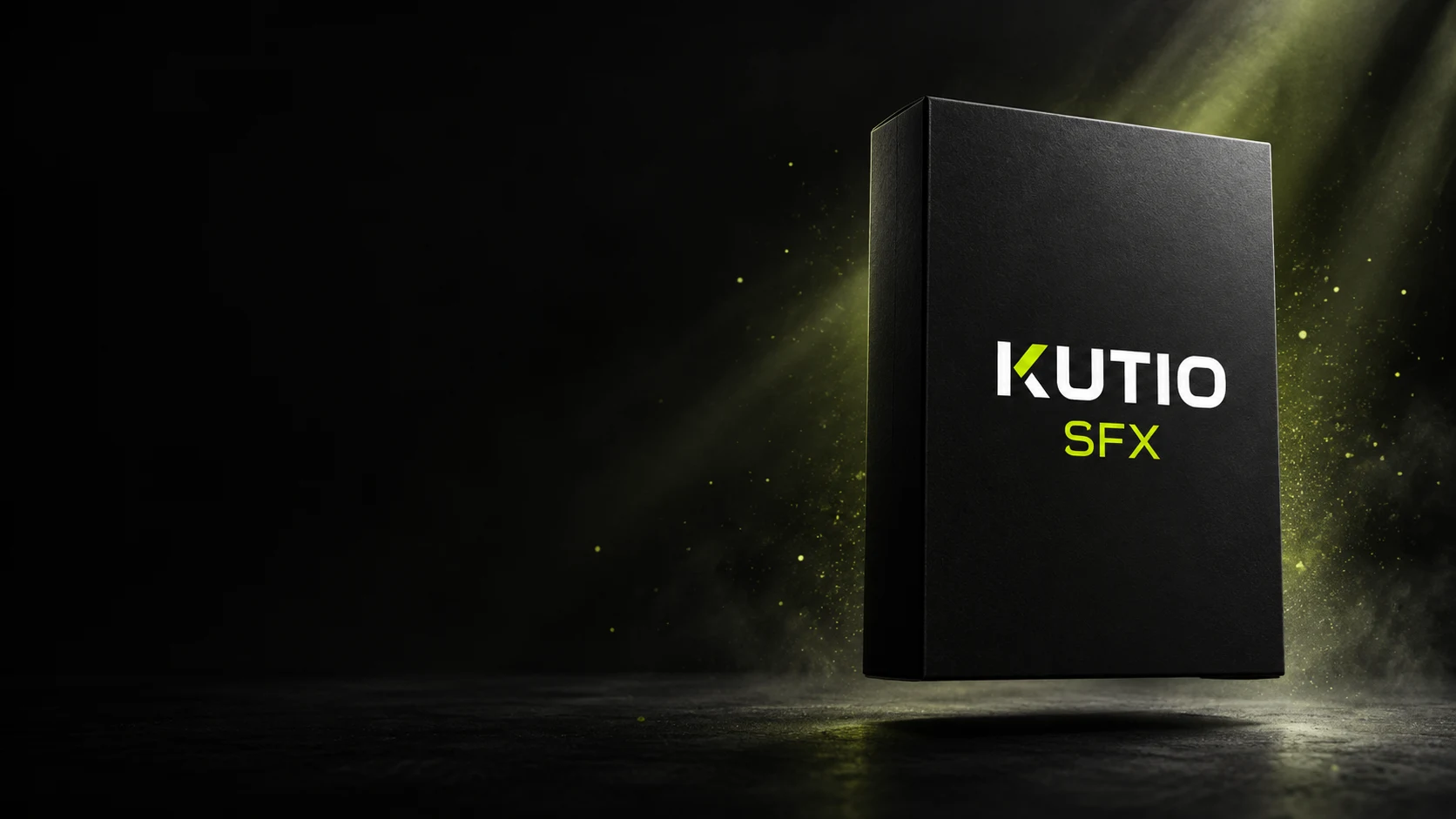 Black KUTIO SFX software box floating in a dark studio with lime light